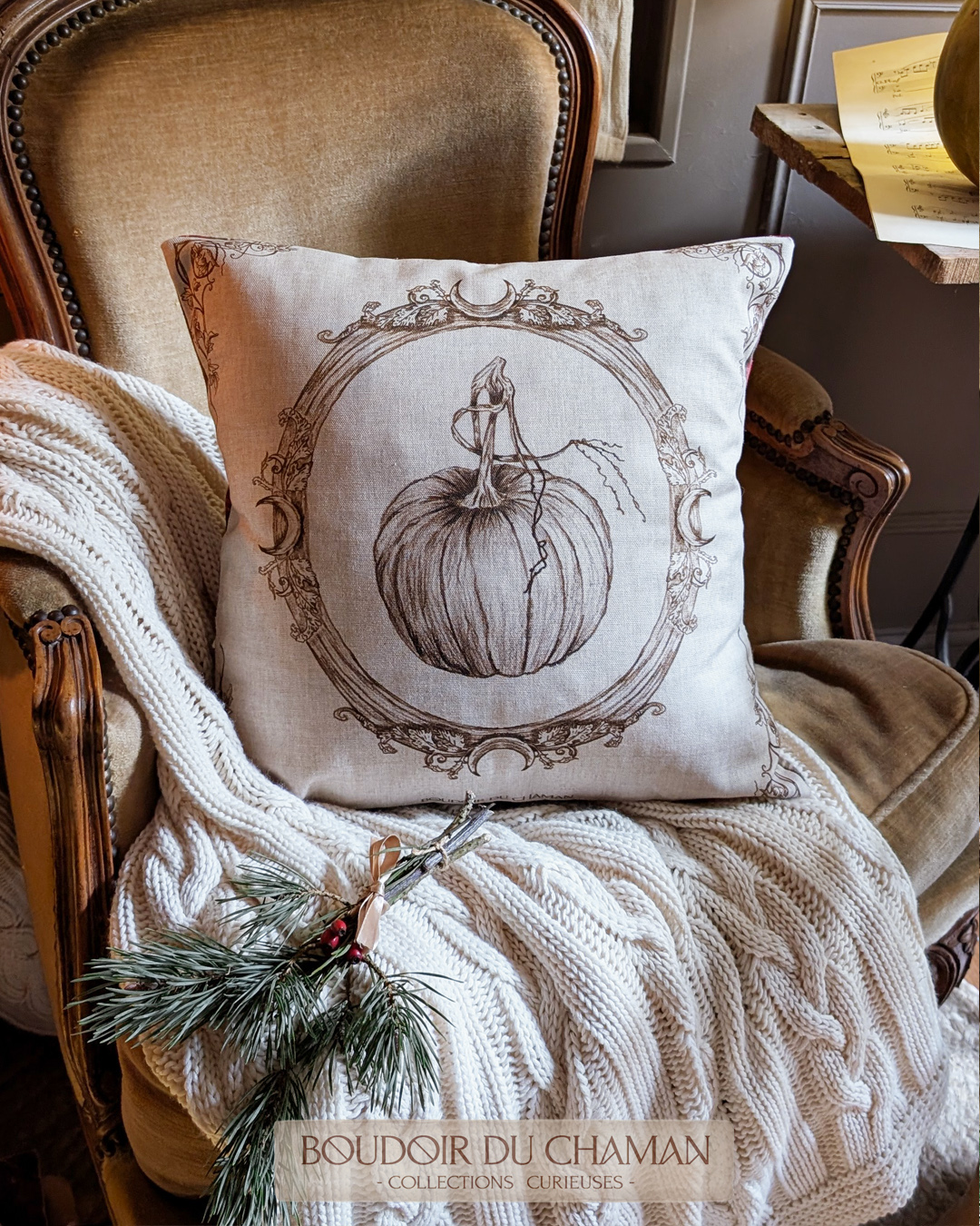 PRECOMMANDE envoi à partir du 14 décembre. La housse de coussin Citrouille Enchantée (dos tartan marron) . illustration originale 40X40cm