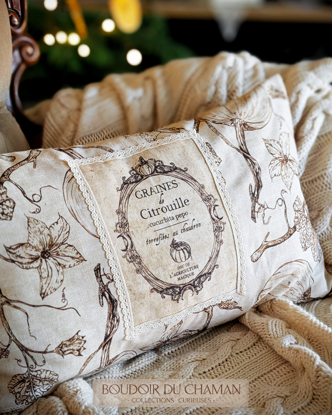 la housse de coussin Graines de Citrouilles Fleurs de Courge et dentelle dos Tartan rouge . illustration originale du Boudoir 50X30cm