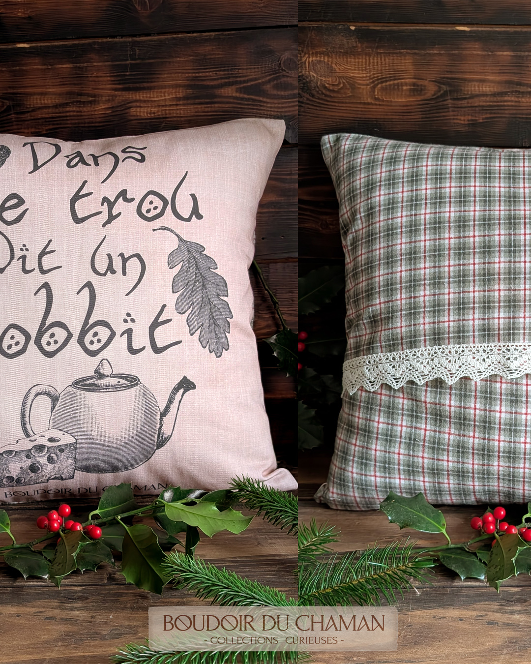 la housse de coussin Hobbit Français tartan d'Hiver vert et rouge . illustration originale du Boudoir 40X40cm