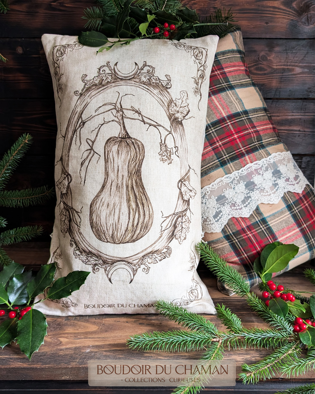 La housse de coussin Précieuse Butternut tartan de Noël . illustration originale 50X30cm