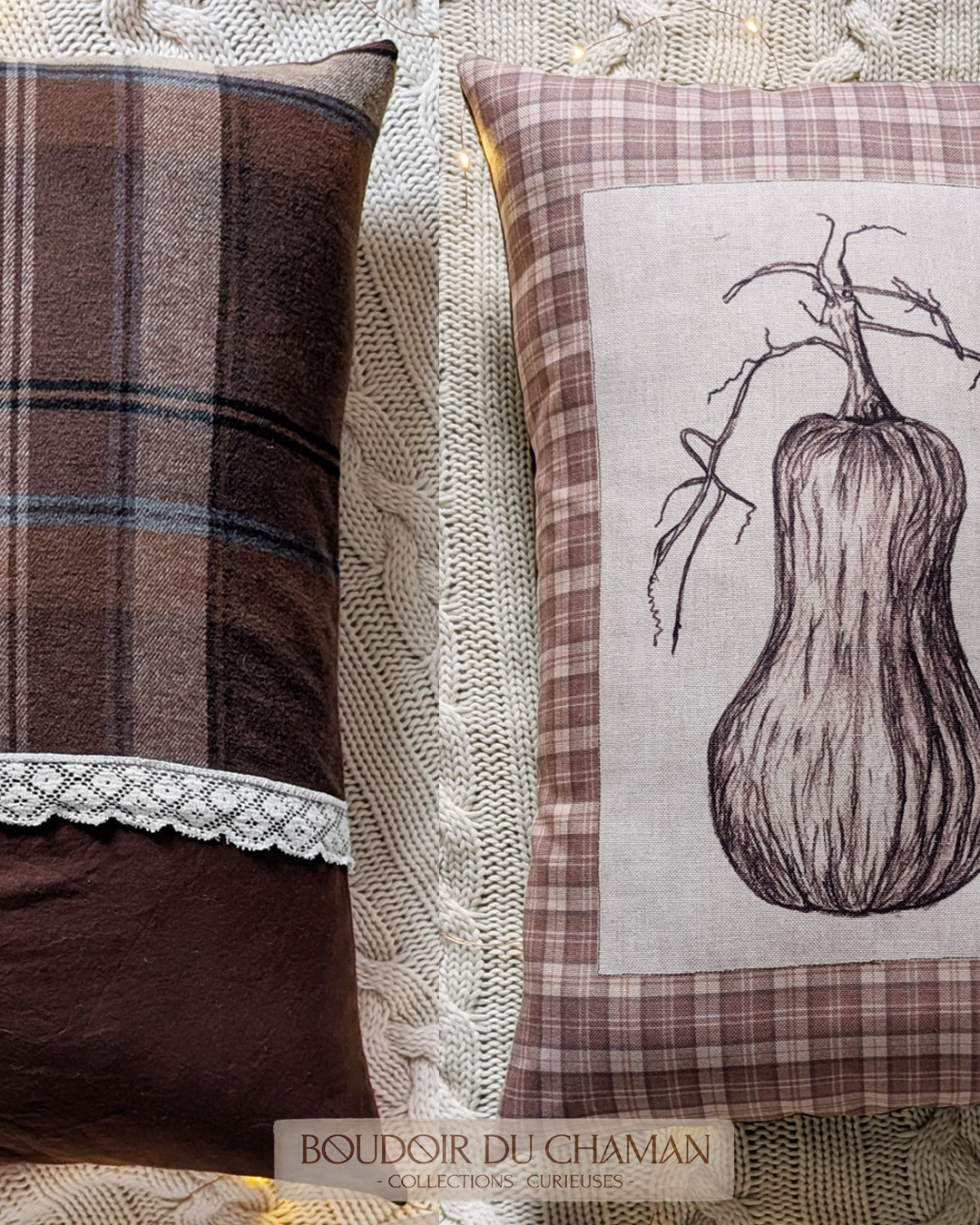La grande housse de coussin Butternut tartan marron chaud . illustration originale 60X40cm