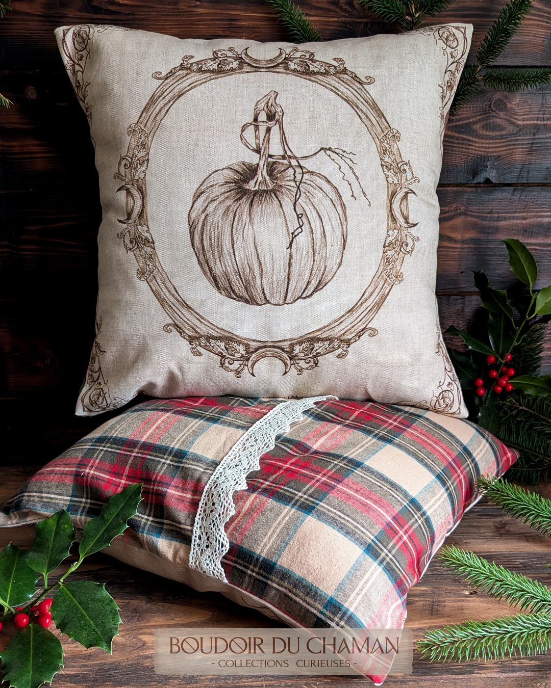 La housse de coussin Citrouille Enchantée Tartan de Noël . illustration originale 40X40cm