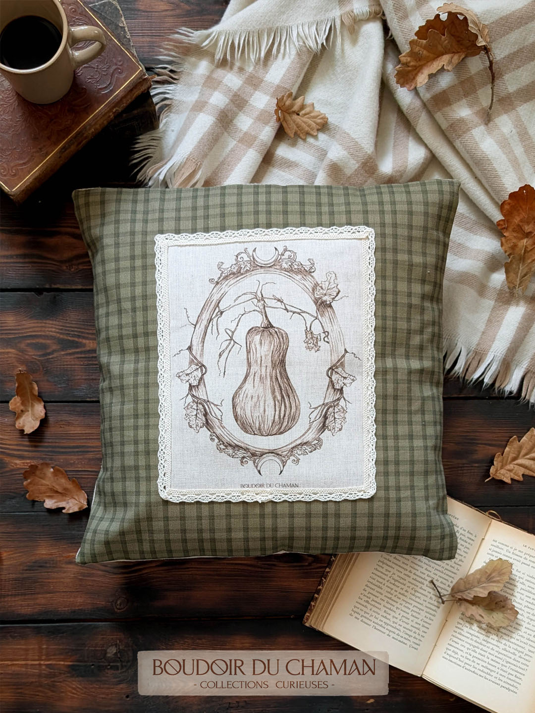 La housse de coussin Précieuse Butternut tartan vert Sapin . illustration originale 40X40cm